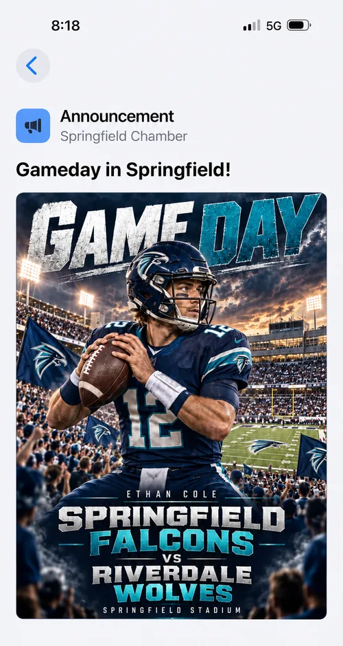 An organizer announcement in the iPhone app, with a picture