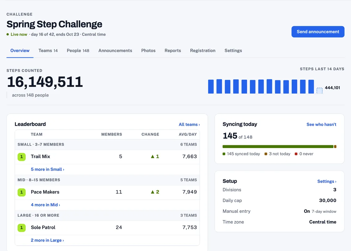 The organizer console’s Overview: steps counted, the fourteen-day chart, the leaderboard by division and the syncing count