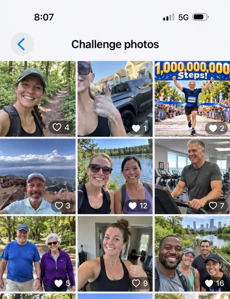 The Challenge Wall on the iPhone app: a grid of participants’ photos with their hearts