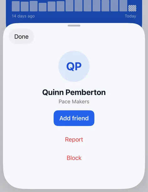 A friend request on the iPhone app: a teammate’s card with Add friend