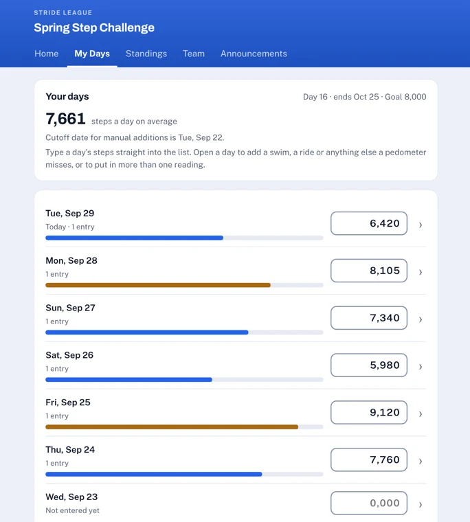 The web interface’s My Days page: a box for each day, six days typed in, two of them gold for meeting the goal, and a day marked Not entered yet