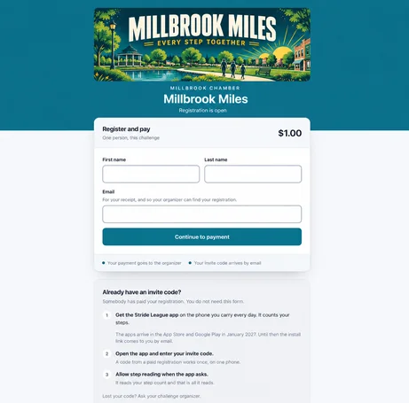 A registration page in an organizer’s color with their banner: the price row, the name and email fields, and the payment button